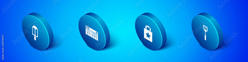 Set Isometric Ice cream, Paper shopping bag, Spatula and Music synthesizer icon. Vector. Set Isometric Ice cream, Paper shopping bag, Spatula and Music synthesizer icon. Vector.