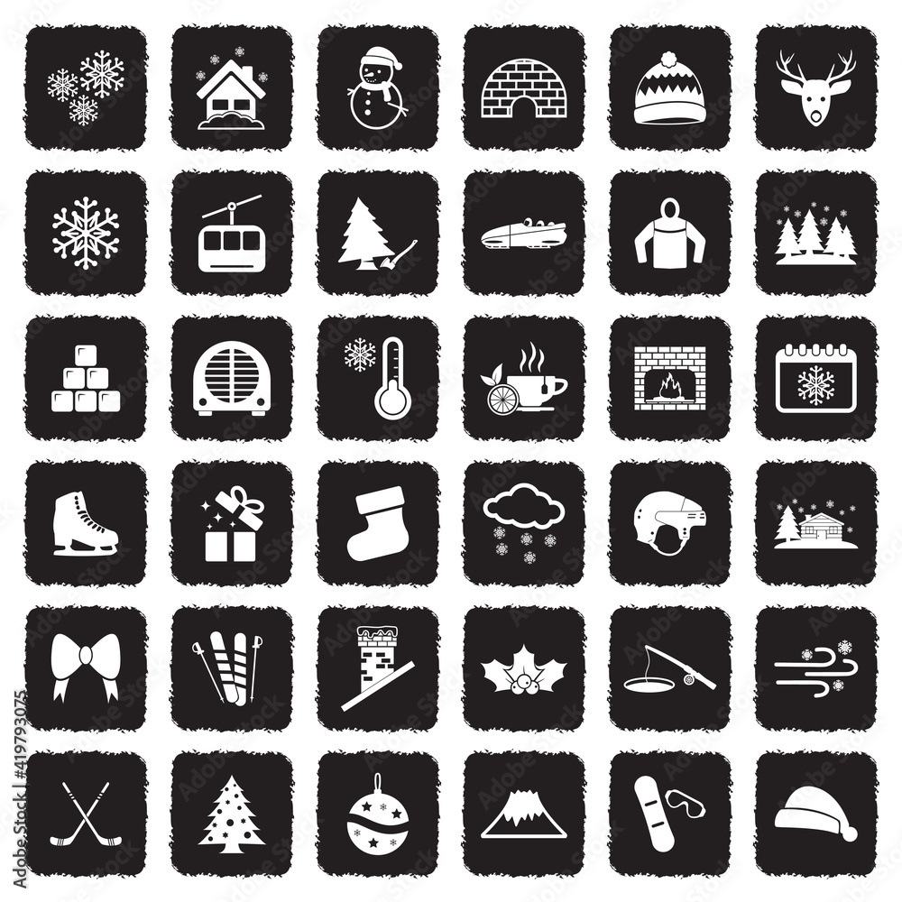 Winter Icons. Grunge Black Flat Design. Vector Illustration.