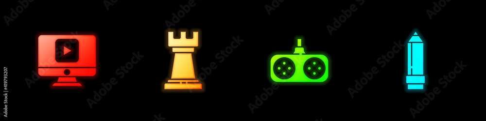 Set Online play video, Business strategy, Gamepad and Pencil with eraser icon. Vector. Set Online play video, Business strategy, Gamepad and Pencil with eraser icon. Vector.