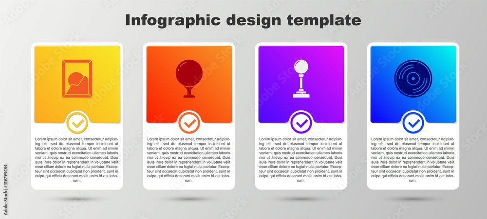 Set Picture landscape, Golf ball on tee, Joystick for arcade machine and Vinyl disk. Business infographic template. Vector. Set Picture landscape, Golf ball on tee, Joystick for arcade machine and Vinyl disk. Business infographic template. Vector.