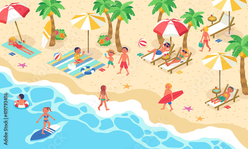 夏の海に海水浴に来た大勢の人々の生活風景のベクターイラスト(アイソメトリック、アイソメ)