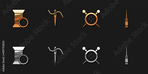 Set Sewing thread and button, Needle for sewing with, knitting needles and Awl tool icon. Vector.