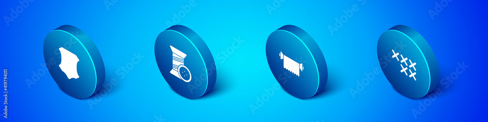 Set Isometric Leather, Textile fabric roll, Adjustable embroidery hoop and Sewing thread and button icon. Vector. Set Isometric Leather, Textile fabric roll, Adjustable embroidery hoop and Sewing thread and button icon. Vector.