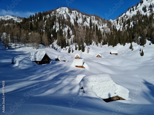 Mountain pasture Dedno polje in winter time