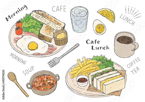カフェごはん トーストやサンドイッチの手描きイラスト（カラー）
