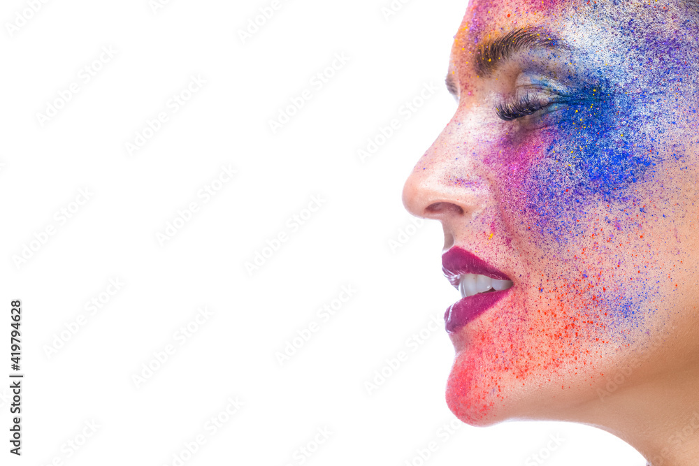 Beauty Concepts. Beauty Closeup Portrait of Caucaisan Girl With Powder Colorful Artistic Makeup Across The Face On White Beauty Concepts. Beauty Closeup Portrait of Caucaisan Girl With Powder Colorful Artistic Makeup Across The Face On White