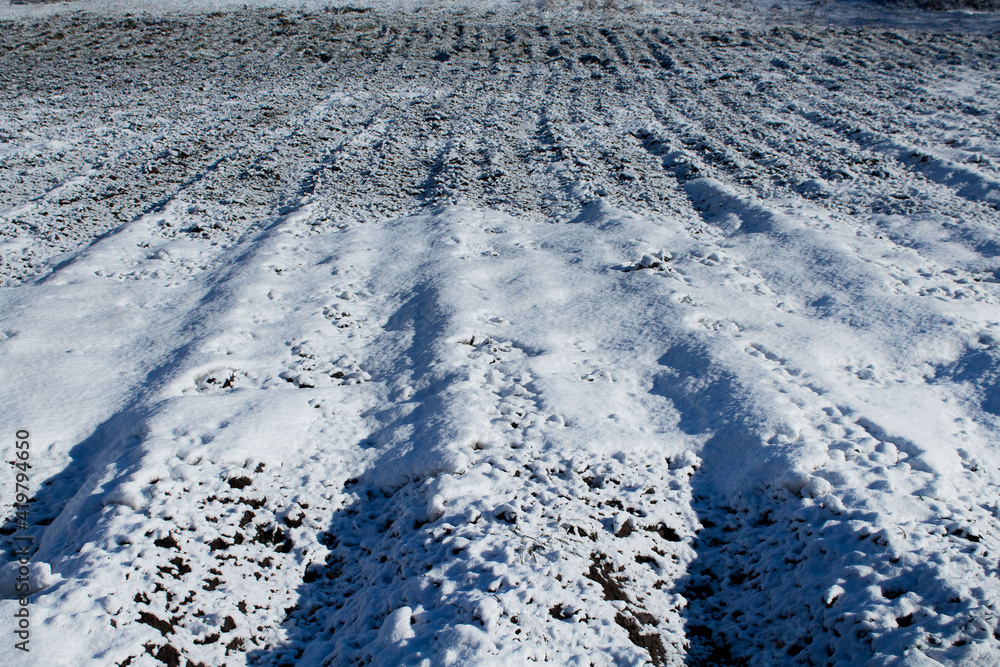 Naklejka premium Snow on plowed land