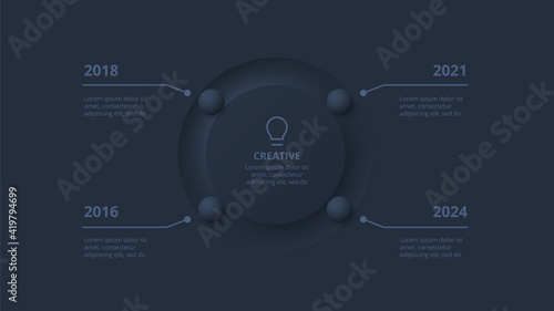 Dark neumorphic circles for infographic. Template for diagram, graph, presentation and chart. Skeuomorph concept with 4 options, parts, steps or processes