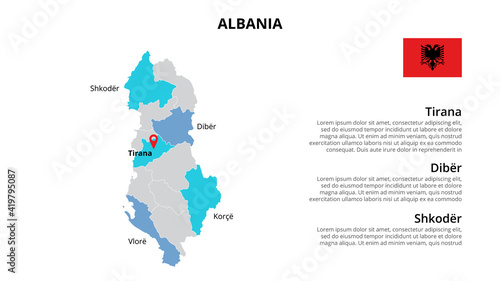 Albania vector map infographic template divided by countries. Slide presentation
