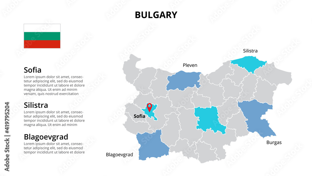 Bulgary vector map infographic template divided by countries. Slide presentation