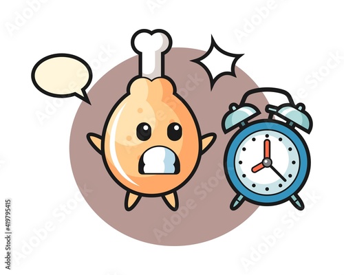 Cartoon illustration of fried chicken is surprised with a giant alarm clock
