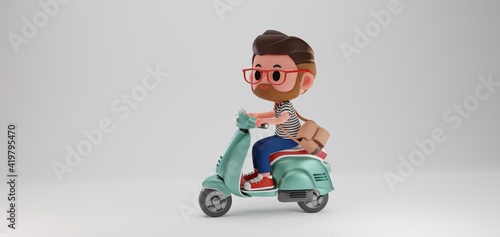 3d render illustration of cute beard man character carrying bag riding on a scooter , motorcycle 