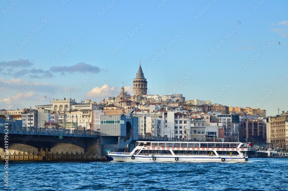 Ferry sailing along the river with view to Istanbul. Ferry sailing along the river with view to Istanbul.