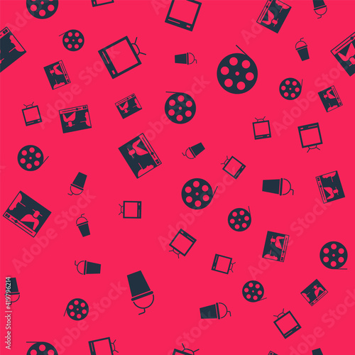 Set Paper glass with straw, Retro tv, Online play video and Film reel on seamless pattern. Vector.