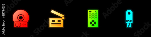 Set CD or DVD disk, Movie clapper, Remote control and USB flash drive icon. Vector.