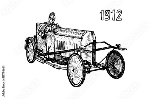 Hand drawn vector tracing vintage retro racing car, doodle sketch graphics monochrome illustration on white background