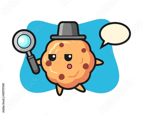Chocolate chip cookie cartoon character searching with a magnifying glass