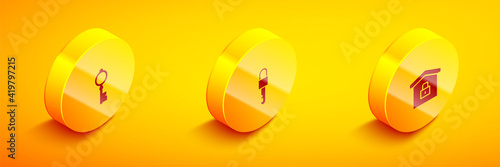 Set Isometric Old key, Locked and House under protection icon. Vector.