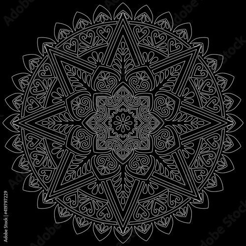 White outline mandala on a black doodles sketch good mood