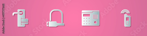 Set paper cut Digital door lock, Bicycle, House intercom system and Car key with remote icon. Paper art style. Vector.