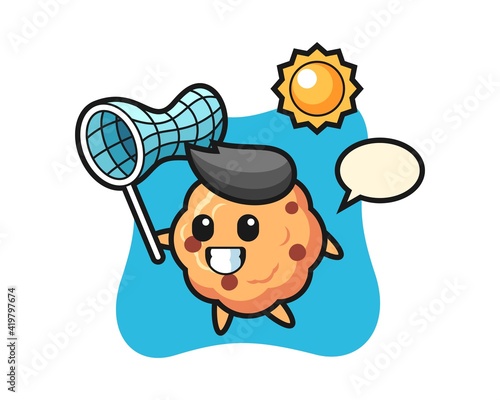 Chocolate chip cookie mascot illustration is catching butterfly