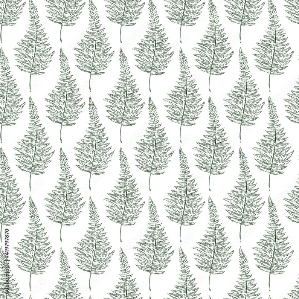 Fern leaves green vector sketch botanical seamless pattern. Tropics greenery scrapbook digital paper.