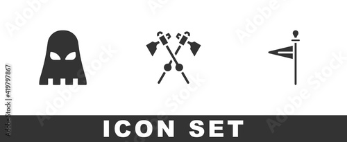 Set Executioner mask, Crossed medieval axes and Medieval flag icon. Vector.