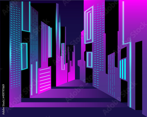 Street city of neon. Vector abstract background in the style of cyberpunk. Vector template for a vertical banner.