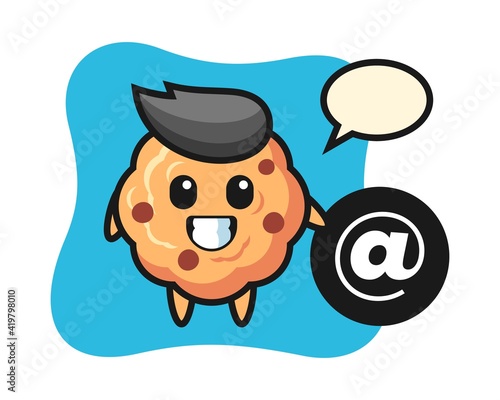 Cartoon illustration of chocolate chip cookie standing beside the At symbol