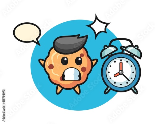 Cartoon illustration of chocolate chip cookie is surprised with a giant alarm clock