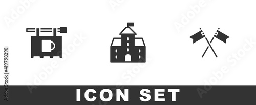 Set Street signboard with Bar, Castle, fortress and Crossed medieval flag icon. Vector.