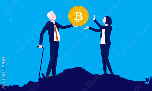 Inherit Bitcoin - Old man giving away one bitcoin to daughter. Vector illustration.