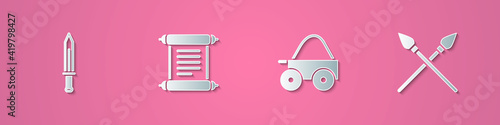 Set paper cut Medieval sword, Decree, parchment, scroll, Wooden four-wheel cart and Crossed medieval spears icon. Paper art style. Vector.
