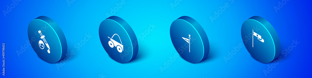Set Isometric Sword with blood, Medieval flag, and Wooden four-wheel cart icon. Vector. Set Isometric Sword with blood, Medieval flag, and Wooden four-wheel cart icon. Vector.