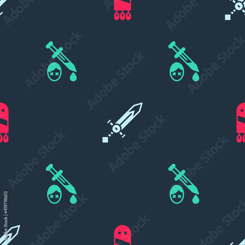 Set Quiver with arrows, Medieval sword and Sword blood on seamless pattern. Vector.