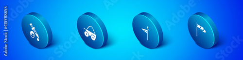 Set Isometric Sword with blood, Medieval flag, and Wooden four-wheel cart icon. Vector.