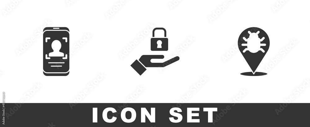 Set Mobile and face recognition, Lock in hand and System bug icon. Vector. Set Mobile and face recognition, Lock in hand and System bug icon. Vector.