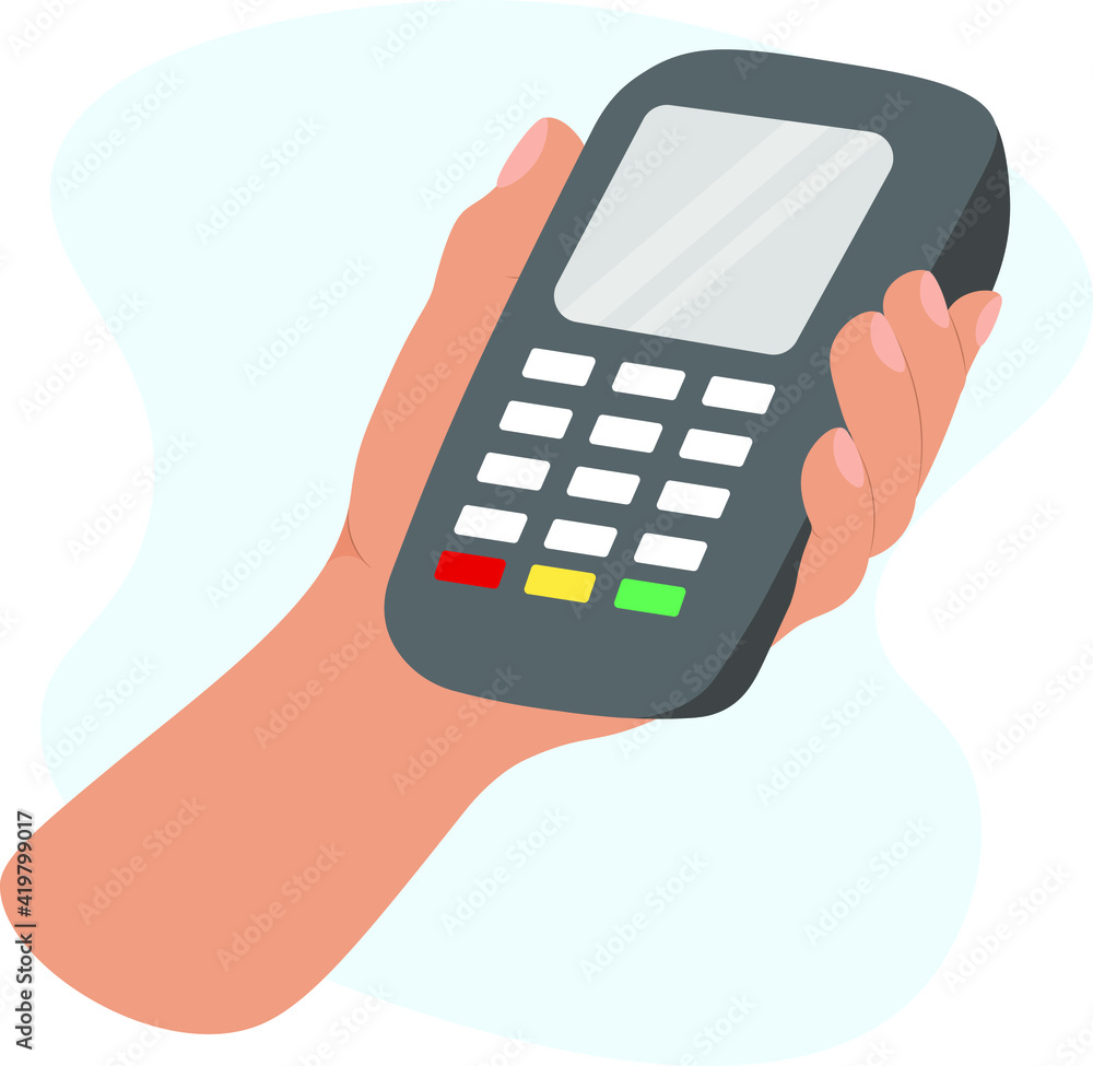 human hand holding wireless terminal, vector illustration of contactless payment for online wallet or credit card apple pay by phone mobile application electronic money terminal cash transaction human hand holding wireless terminal, vector illustration of contactless payment for online wallet or credit card apple pay by phone mobile application electronic money terminal cash transaction
