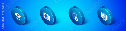 Set Isometric Eye scan, Cancelled fingerprint, System bug on monitor and Browser incognito window icon. Vector.