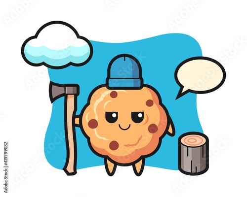 Character cartoon of chocolate chip cookie as a woodcutter