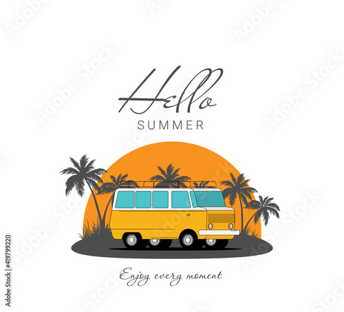 Summer holidays vector illustration,flat design beach with car and surf