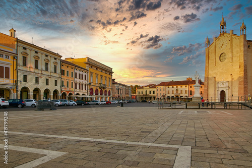 Montagnana, Italy - August 25, 2017: Cathedral of Piazza Vittorio Emanuele 2.