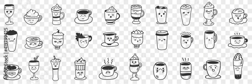 Cups and mugs for hot drinks doodle set. Collection of hand drawn various shapes and forms of cups with coffee cocktails tea and other drinks isolated on transparent background