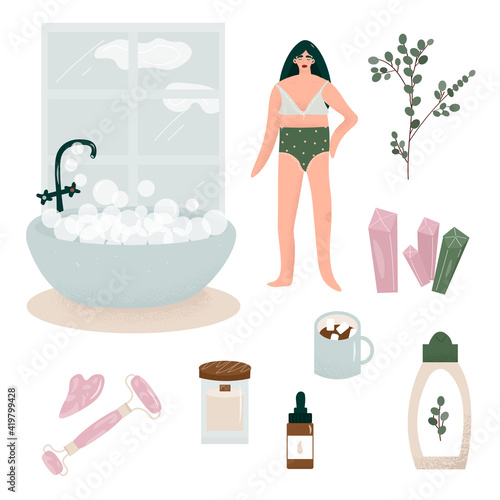 Nice vector flat set on the topic of self-care, relaxation and meditation. Bathroom with window, girl in underwear, candles, oils, eucalyptus, gouache scraper and roller, crystals, cocoa.  Self love.