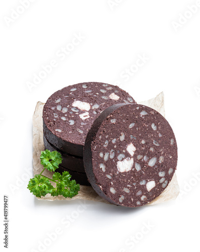 Traditional black pudding sausage slices isolated on white