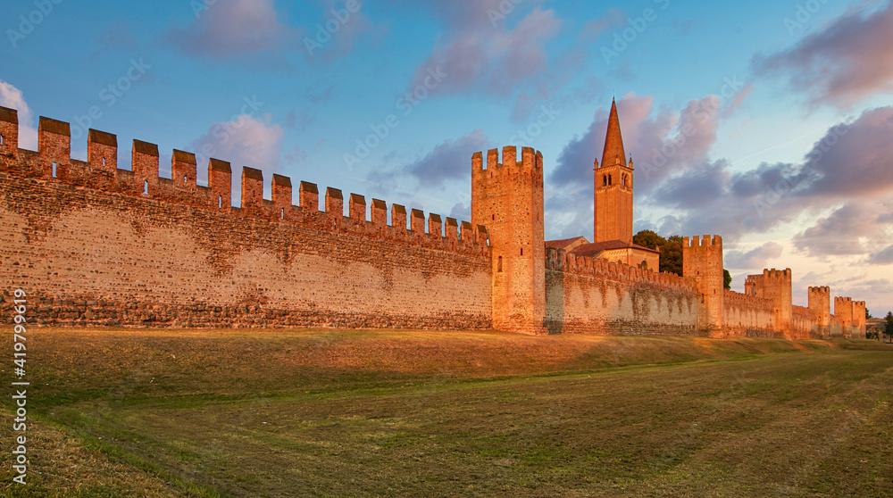 Montagnana, Italy - August 25, 2017: The fortress wall of the city in the evening.