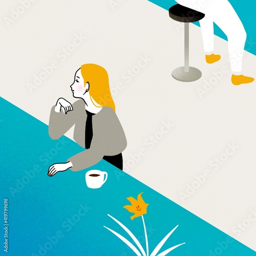 Fényképezés カフェでいつもの席に座る女性（挿絵・扉絵・おしゃれ・スタイリッシュ）