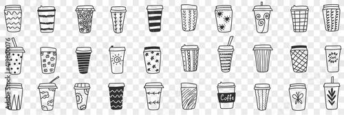 Reusable eco friendly glasses doodle set. Collection of hand drawn glasses and thermos for hot and cold drinks with various patterns eco-friendly cups isolated on transparent background