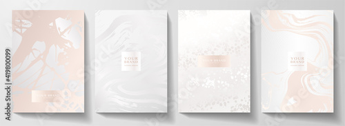 Modern pearl cover design set. Creative fashionable background with light abstract marble pattern. Elegant trendy vector collection for catalog, brochure template, magazine layout, beauty booklet