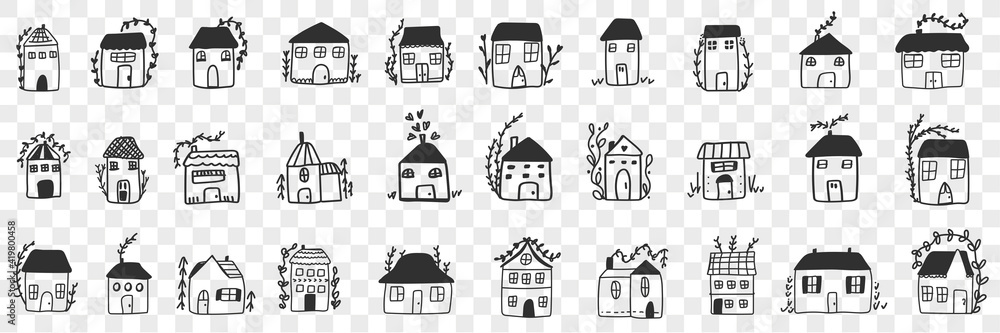 Buildings and houses doodle set. Collection of hand drawn various facades of building houses for family accommodation isolated on transparent background